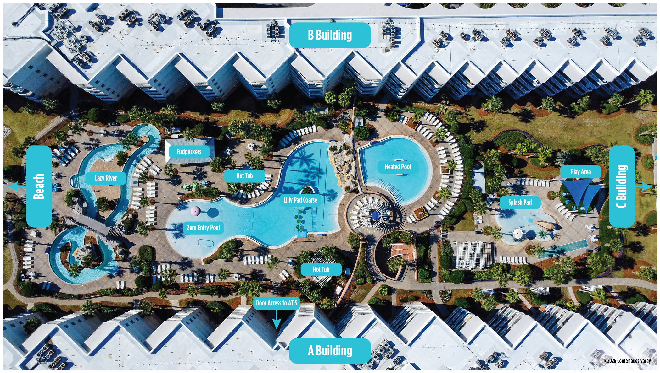 Waterscape Resort courtyard map from Waterscape.net showing the pools, hot tubs, lazy river and surrounding buildings