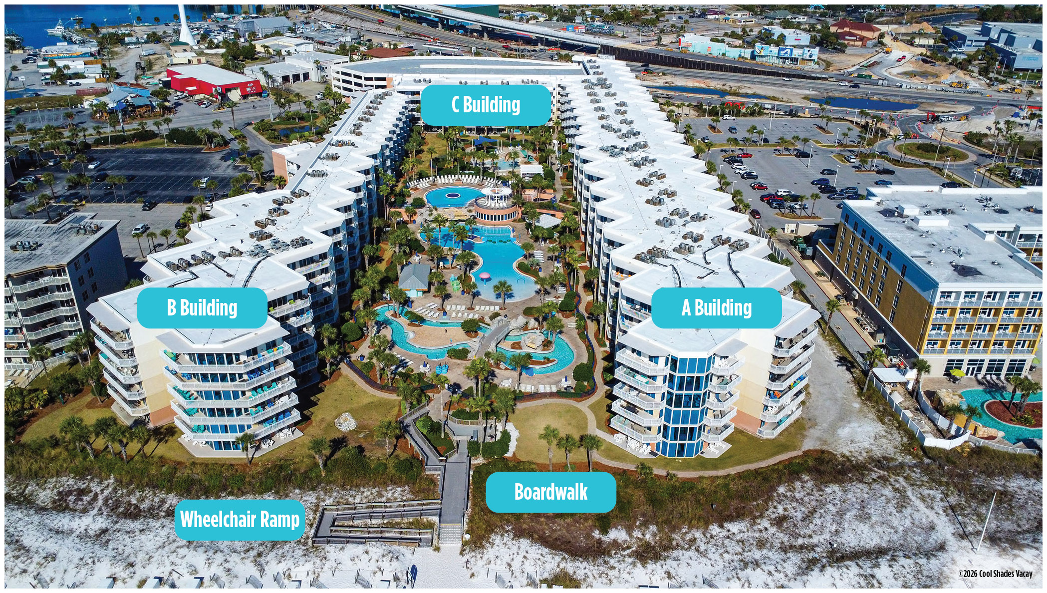 Waterscape Resort map from Waterscape.net labeling Buildings A, B and C, the boardwalk and beach access